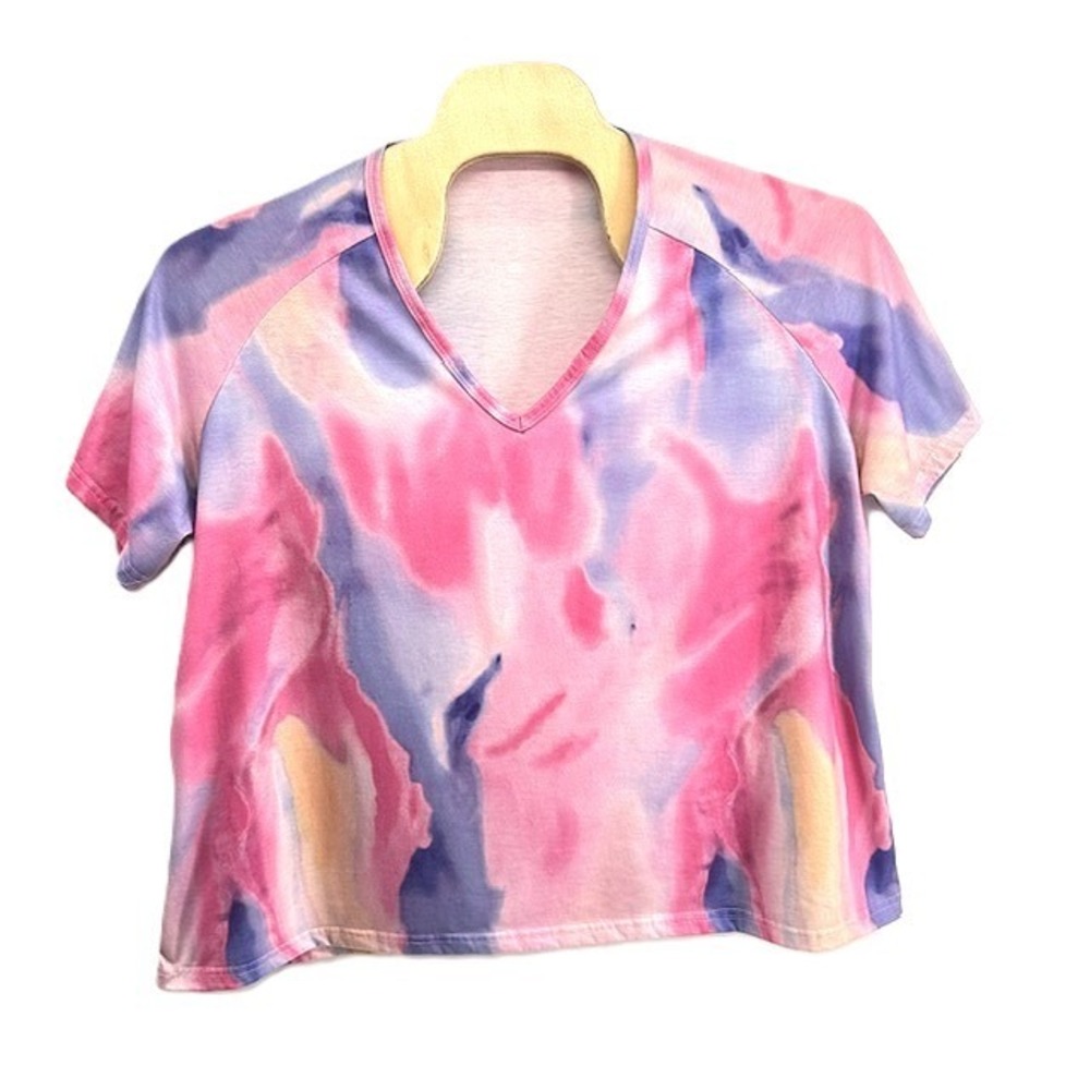 Womens Tie Dye V-Neck Top Pink Purple Short Sleeve Raglan Shirt 4XL